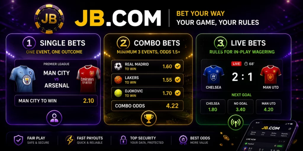 JB.COM betting types banner with single, combo and live bets.