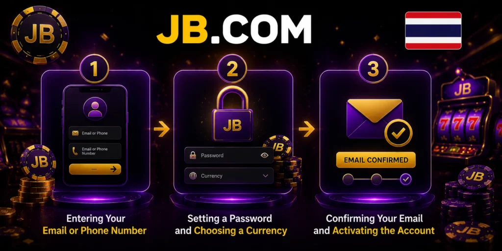 JB.COM account registration process with Thailand flag and email verification.